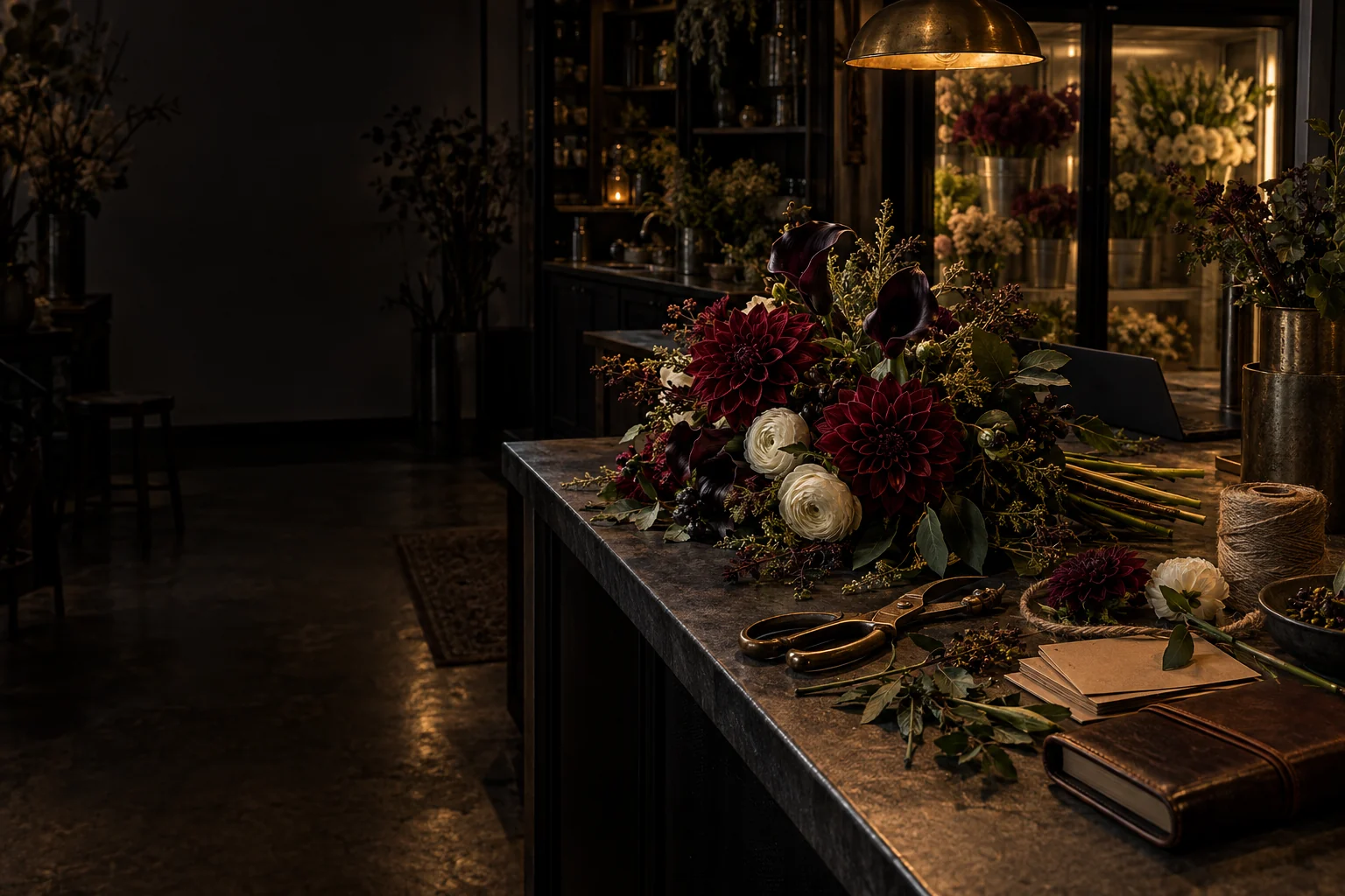 Donkere werkruimte van een bloemist met bordeauxrode bloemen, een messing schaar en een stenen toonbank na sluitingstijd