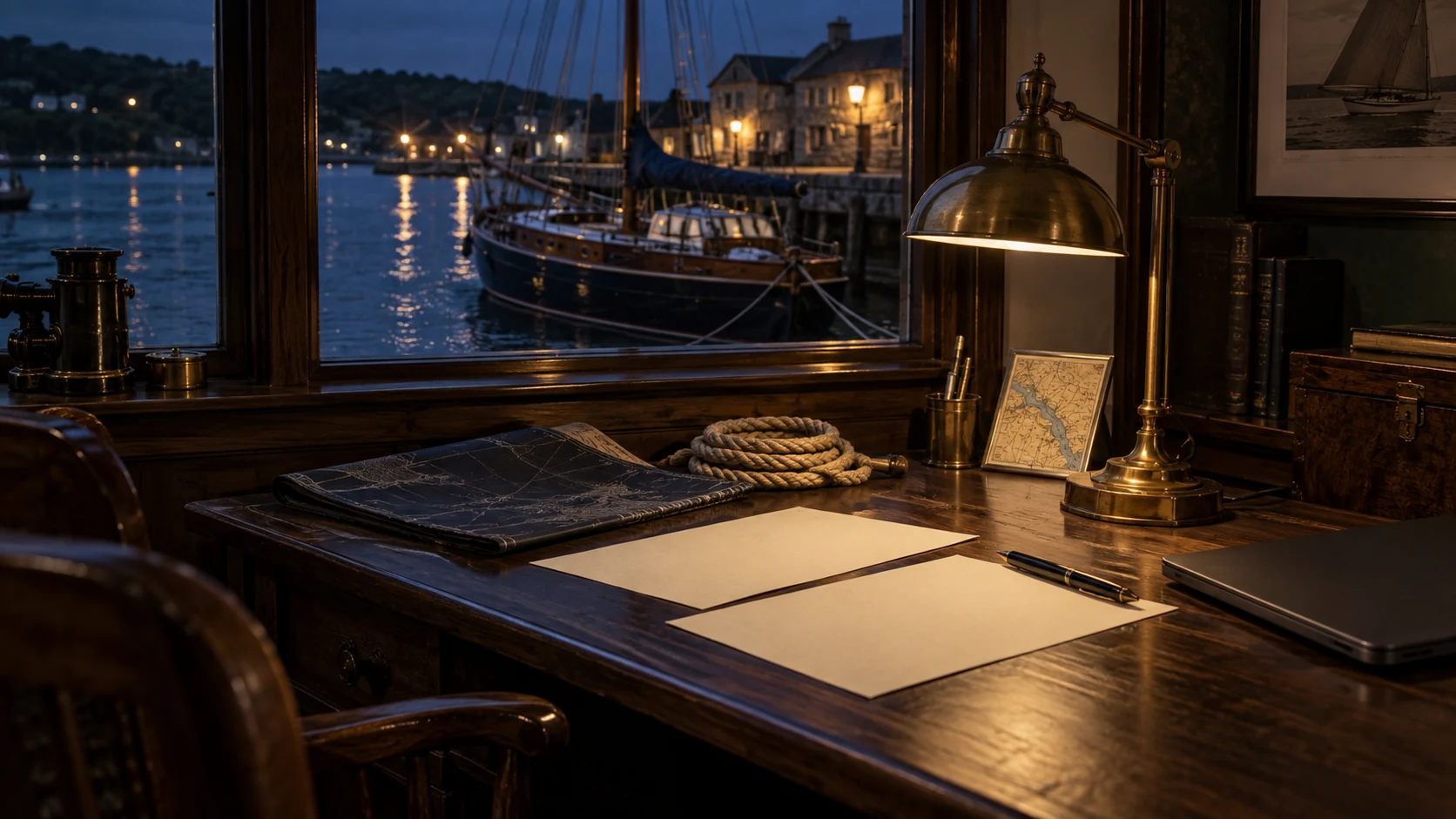Donker bureau in een havenkantoor met messing lamp, blanco briefpapier, een zeilkaart en achter het raam een afgemeerde boot