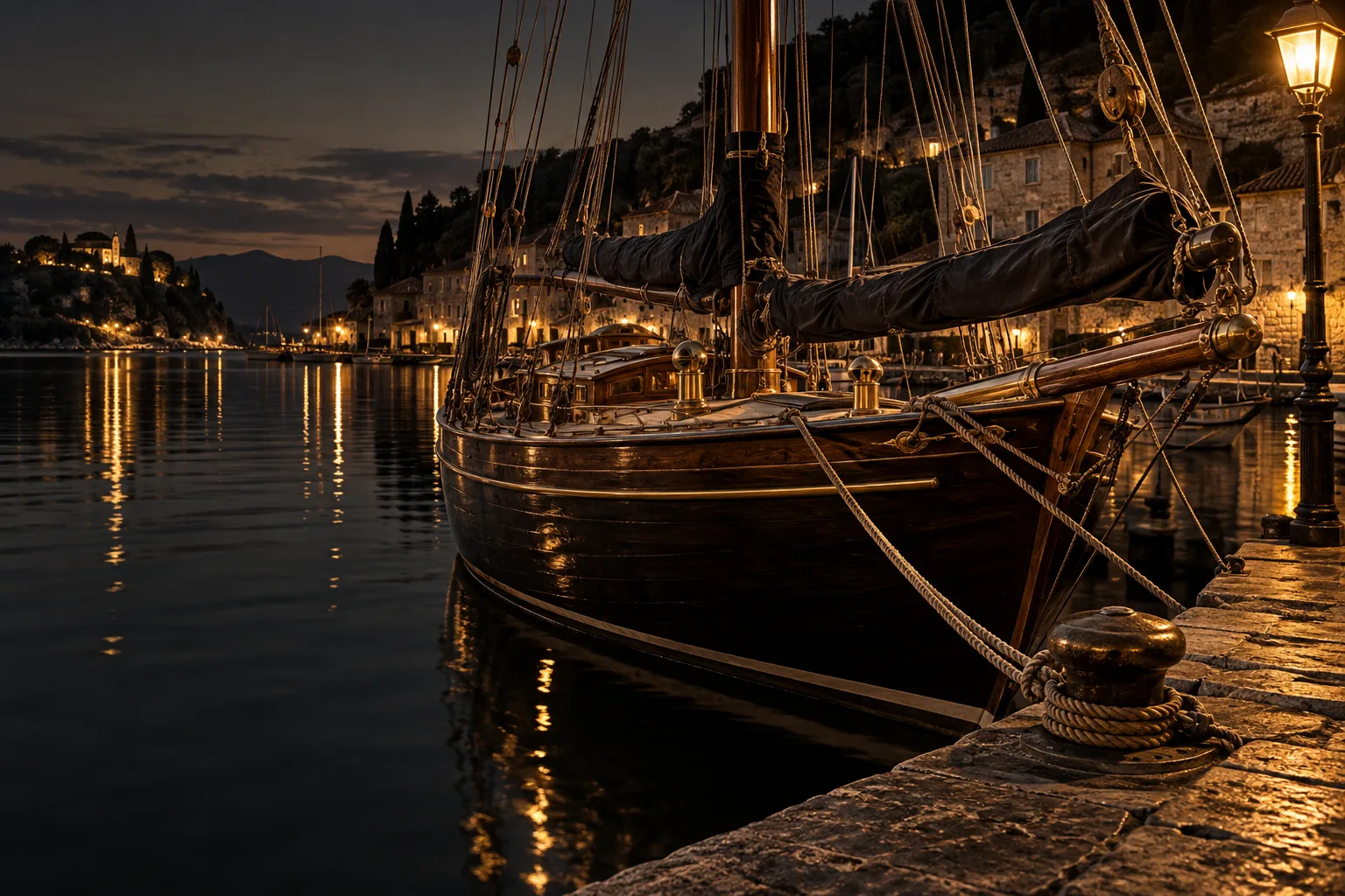 Klassieke donkere houten zeilboot, afgemeerd aan een stenen kade onder warm avondlicht in de haven