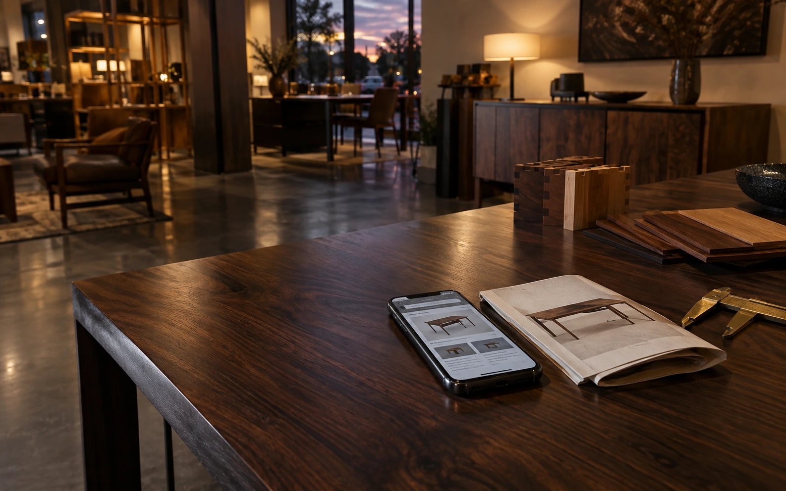 Een telefoon met een kleine productpagina naast een gedrukte meubelcatalogus, materiaalstalen en een messing schuifmaat in een showroom