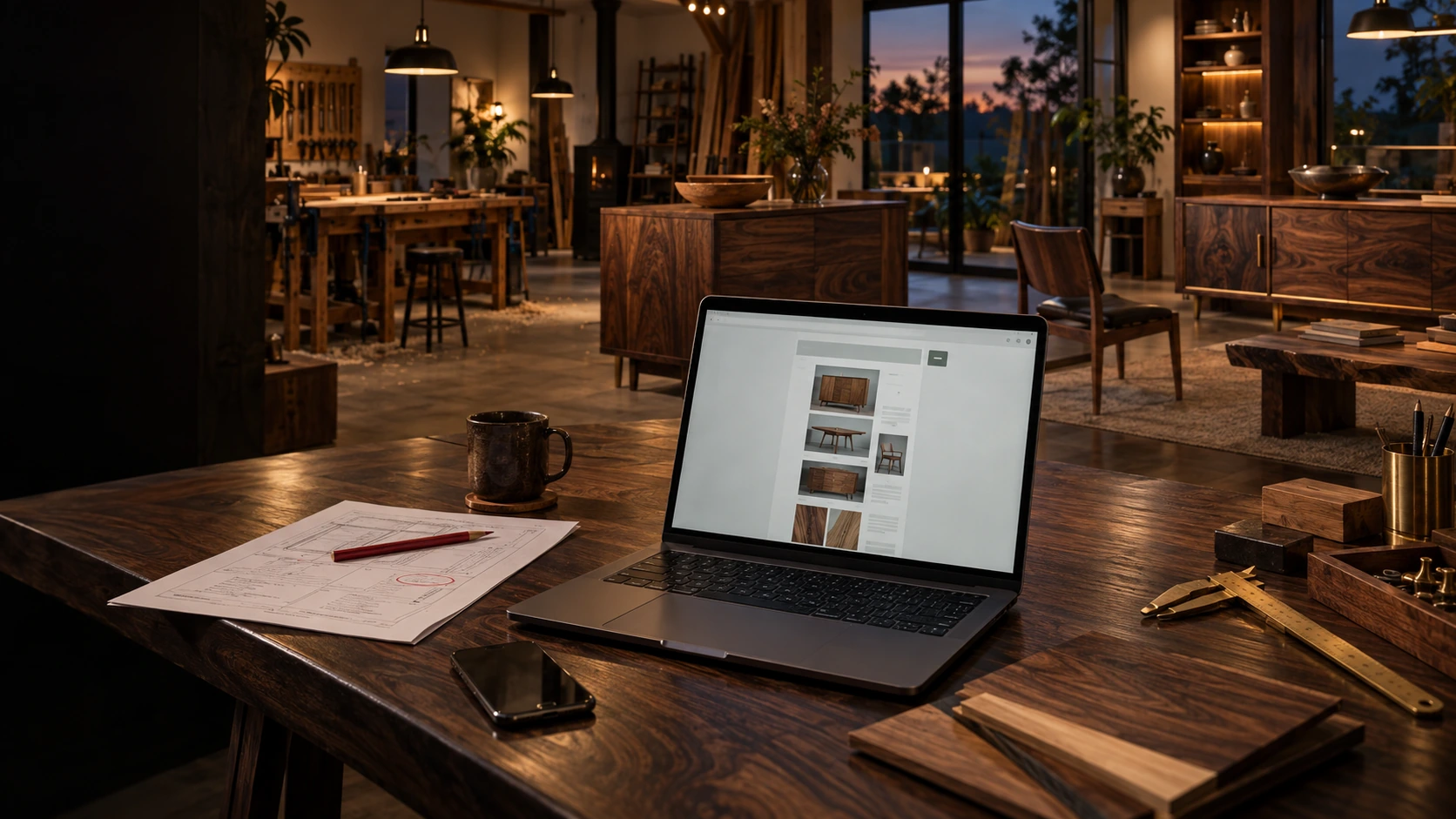 Een gedetailleerde meubelwerkplaats met showroom, met actueel maatwerk rond een laptop