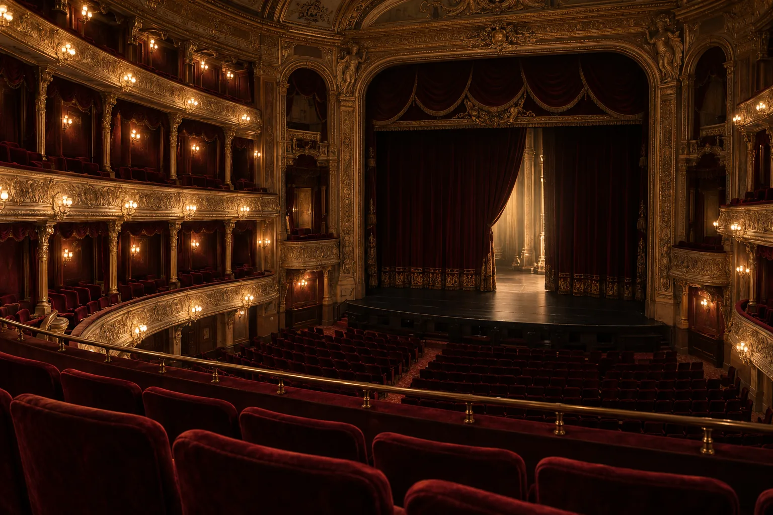 Zaal van een historisch theater met vergulde balkons, bordeauxrode stoelen en een half geopend toneeldoek