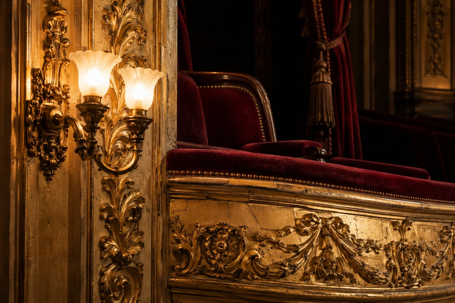Detail van oud verguld stucwerk van een balkon, warme messing lampen en bordeauxrood theaterfluweel