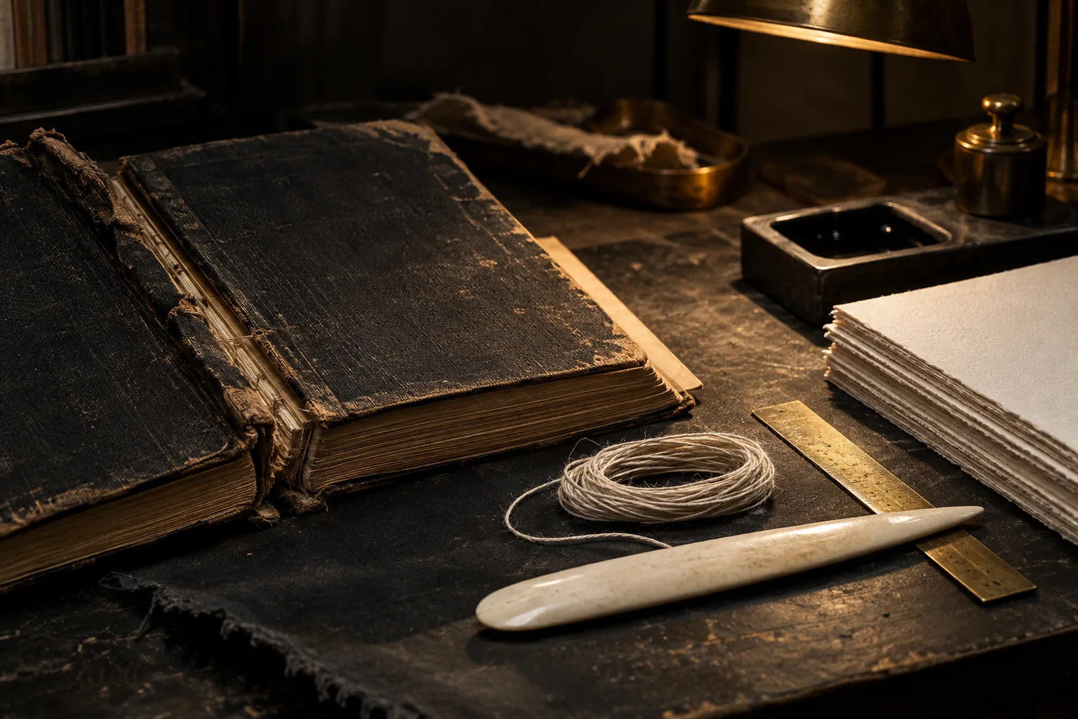 Gerafeld zwart gebonden boek naast katoenpapier, linnen garen en restauratiegereedschap