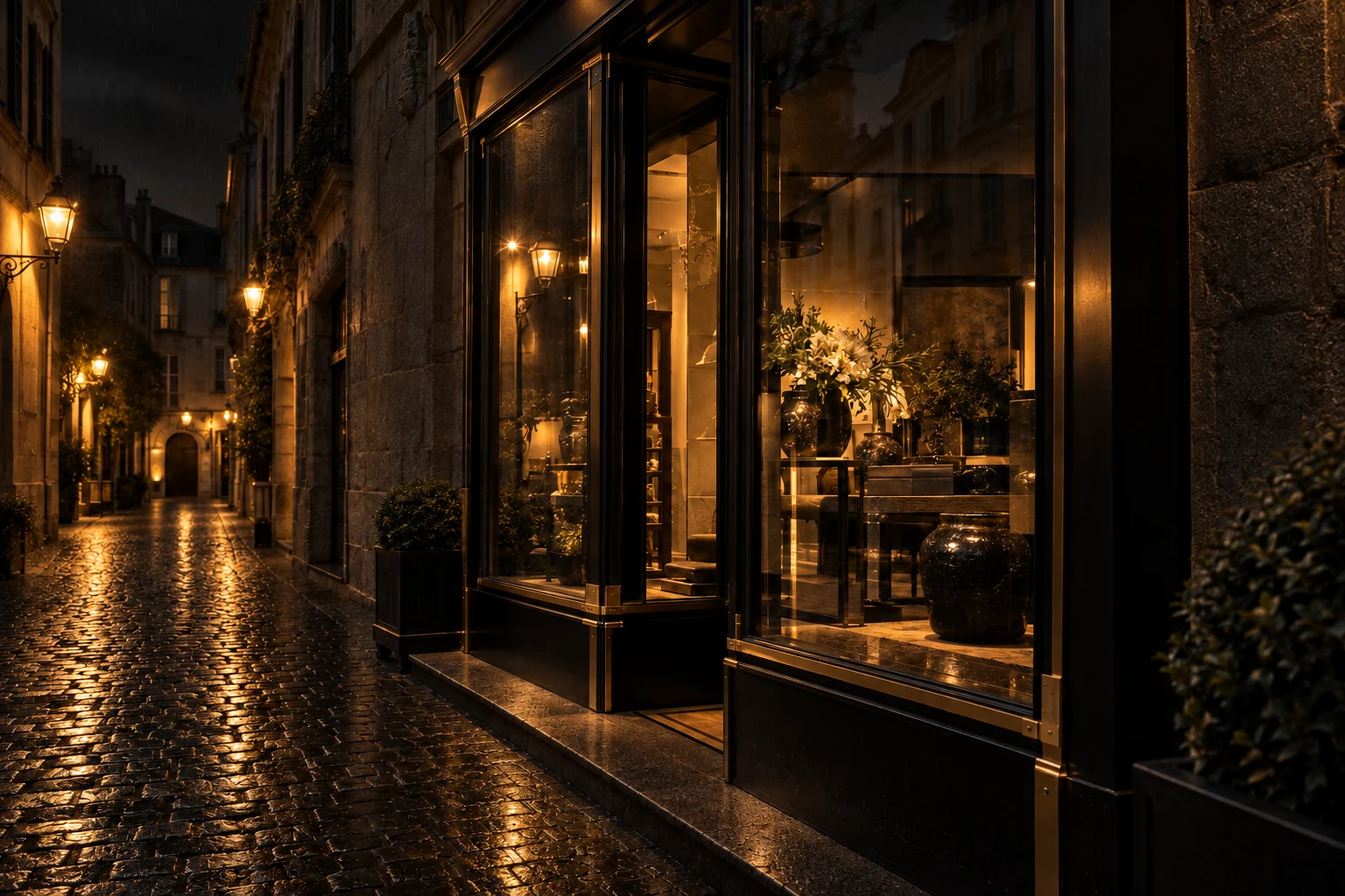 Onbeschadigde boetiekruiten en donkere metalen kozijnen langs een door regen donker gekleurde winkelstraat in de nacht