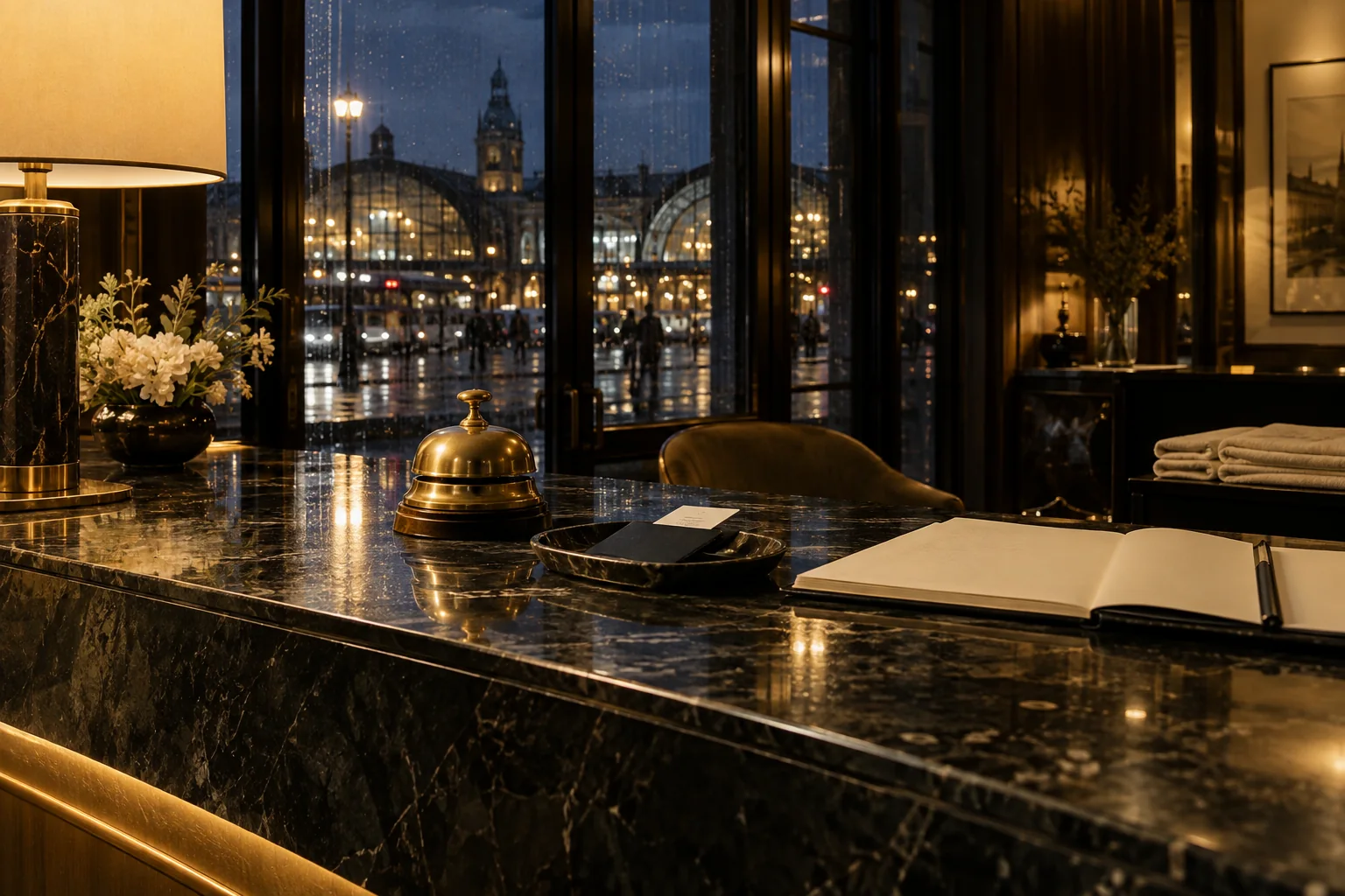 Een gedetailleerde hotelreceptie van donkere steen met een messing bel, en door beregende ramen het treinstation in beeld