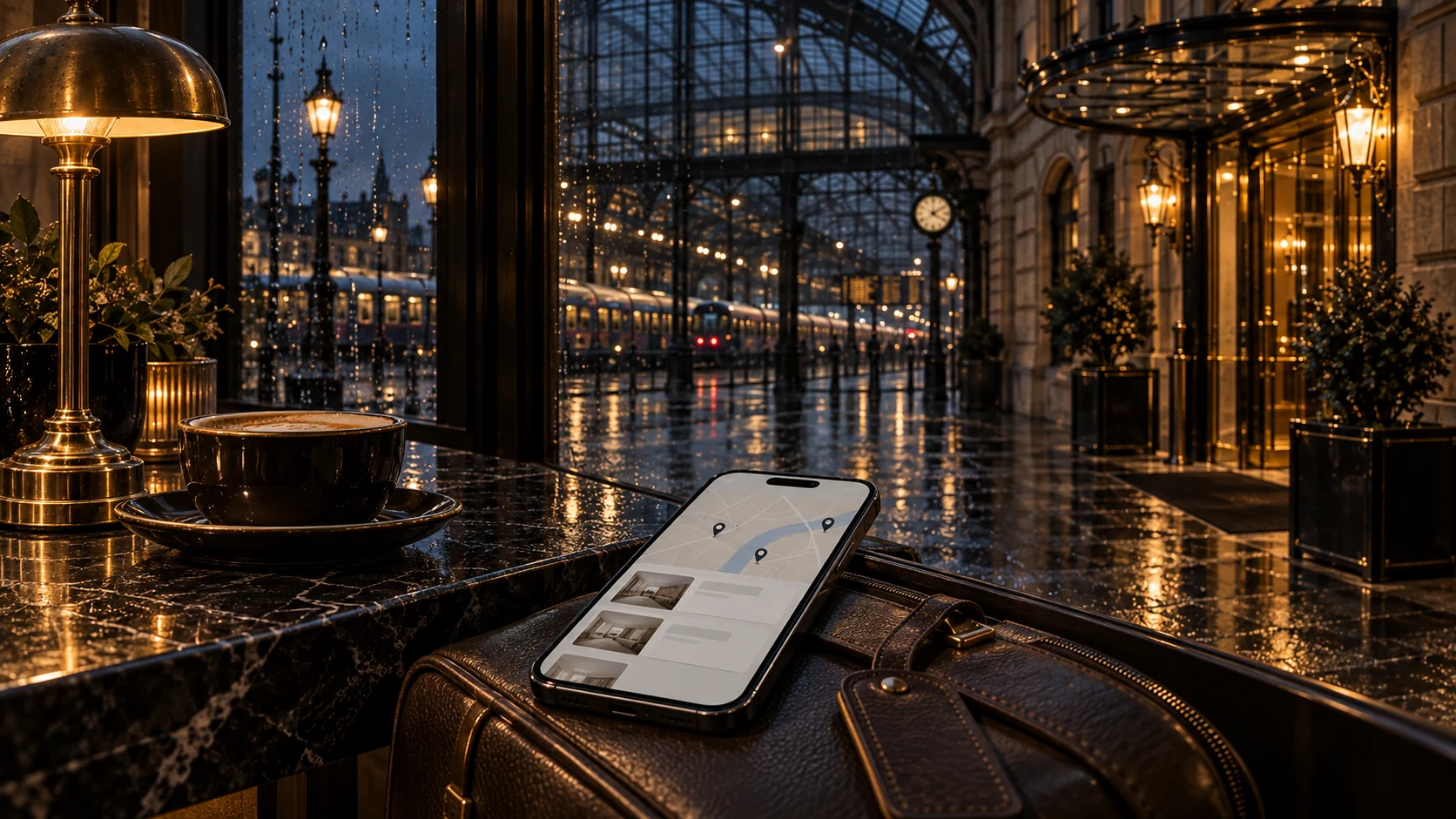 Een telefoon met hotelresultaten in de buurt op een leren reiskoffer, naast een beregend raam van een treinstation