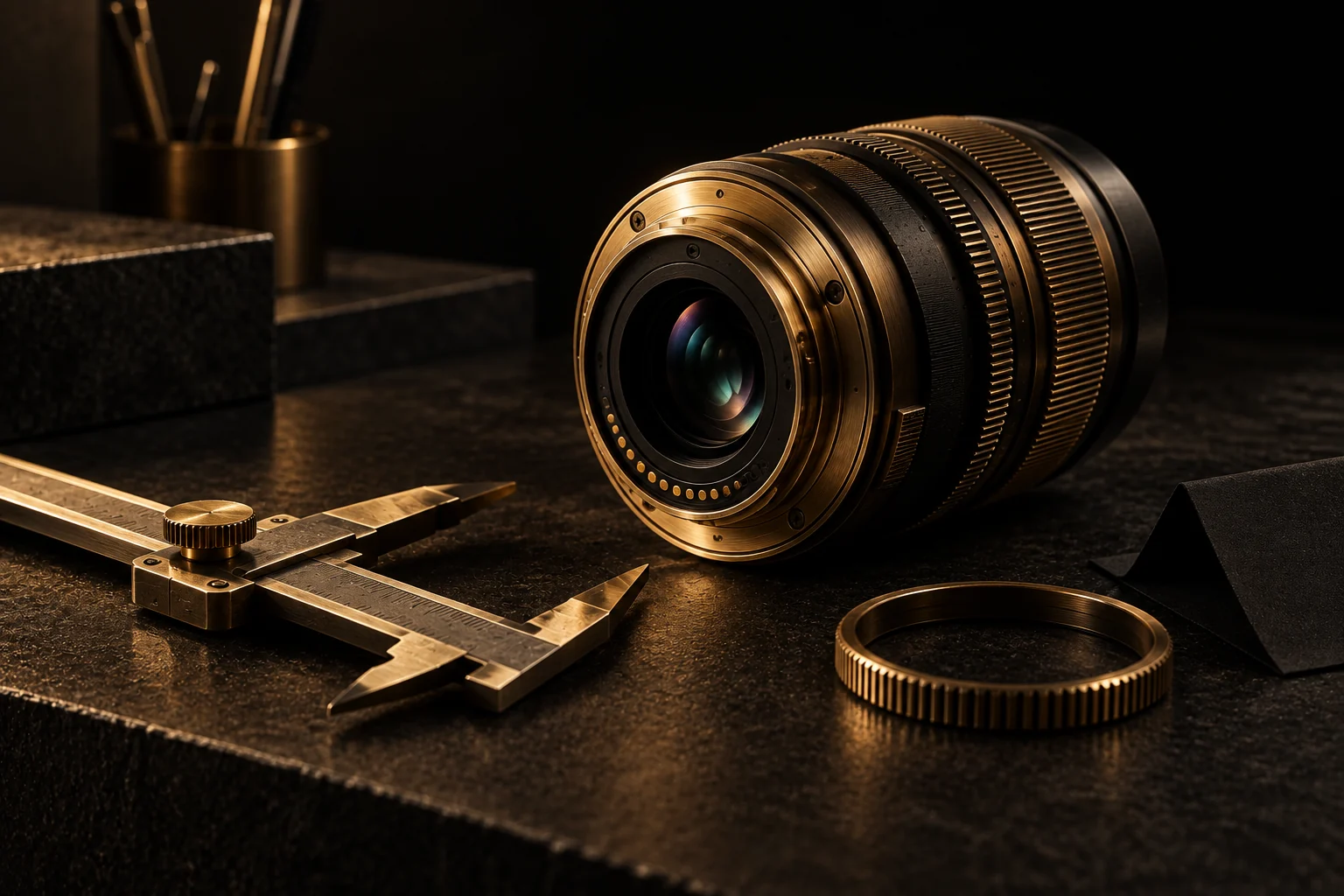 Een gefreesde cameralens van messing en grafiet naast een metalen schuifmaat en een filterring op een donkere stenen inspectiebank
