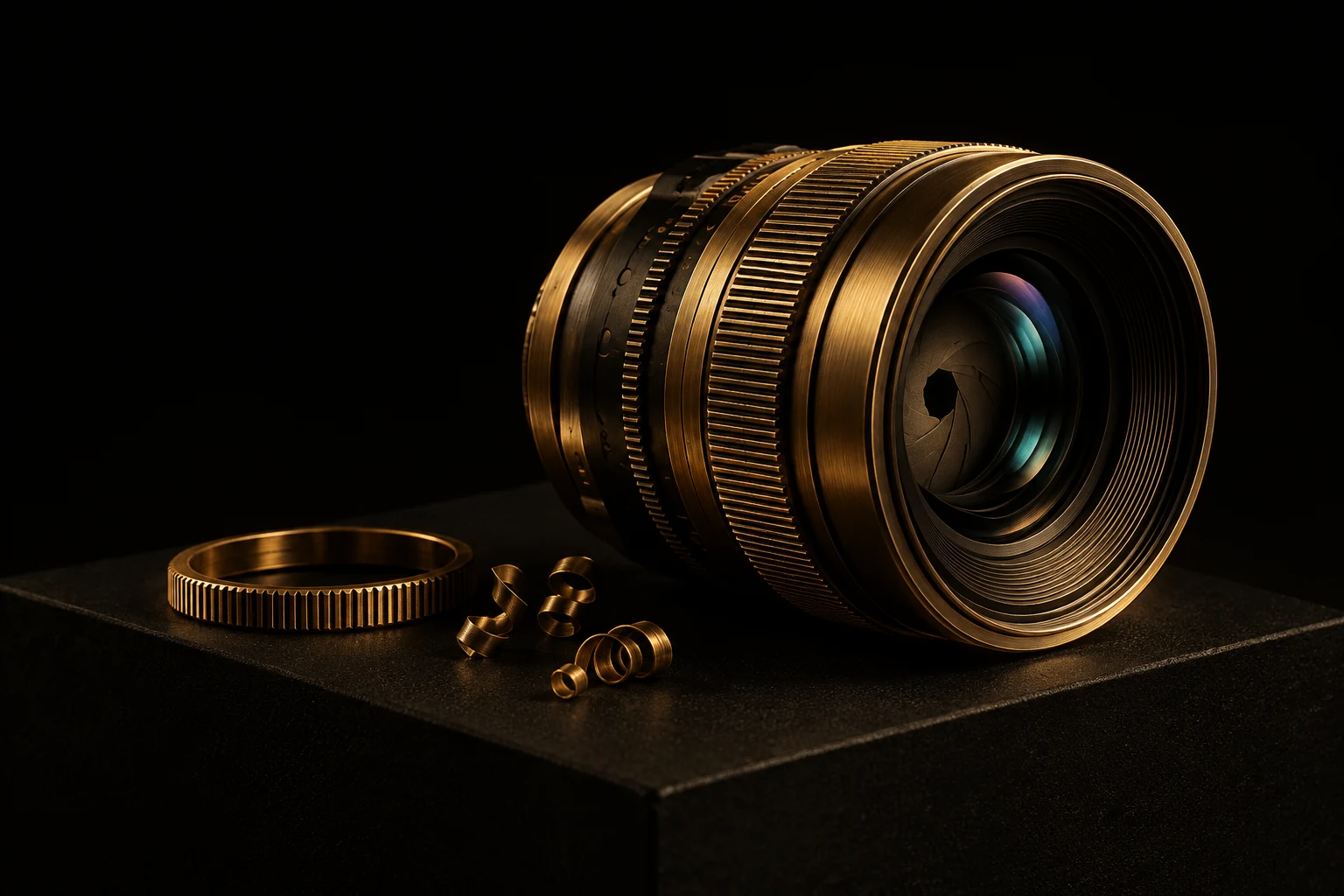 Een nauwkeurig gefreesde cameralens in goud en grafiet op een sokkel van zwarte steen